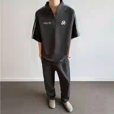 红蜻蜓 美式高街设计感经典高级舒适宽松百搭日常通勤潮流时尚简约直筒短袖长裤休闲运动套装 男女同款