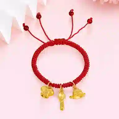 欢庆珠宝 新中式 国潮风 吉祥三宝 身体健康 小众设计款 高级感宝宝生日周岁满月 手饰 足金 一口价 黄金手链 儿童款