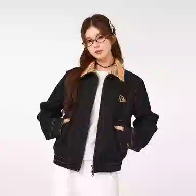 寻星记 美式复古假两件拼接格纹翻领原牛丹宁拉链工装休闲短款夹克牛仔外套 男女同款