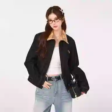 寻星记 美式复古假两件拼接格纹翻领原牛丹宁拉链工装休闲短款夹克牛仔外套 男女同款