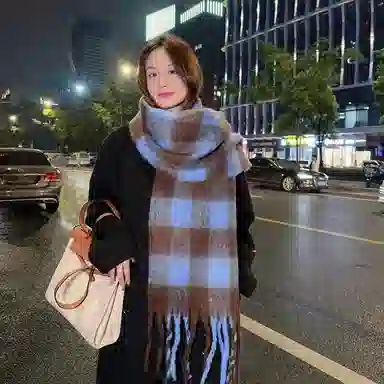 啄木鸟 高级感仿马海毛条纹撞色加绒加厚学生百搭秋冬季保暖格子长款流苏 绒线围巾 男女同款情侣款