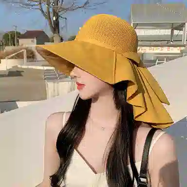 啄木鸟 优雅法式长披肩大帽檐遮阳帽子女夏季镂空透气全方位护脖颈美背沙滩太阳帽 聚酯纤维 防晒帽 女款