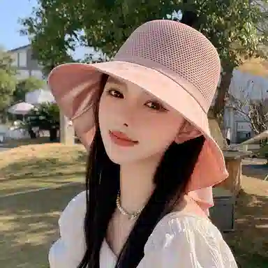 啄木鸟 优雅法式长披肩大帽檐遮阳帽子女夏季镂空透气全方位护脖颈美背沙滩太阳帽 聚酯纤维 防晒帽 女款