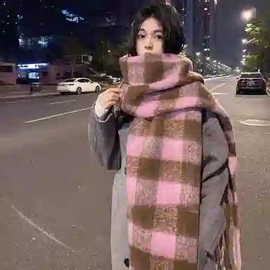 啄木鸟 高级感仿马海毛条纹撞色加绒加厚学生百搭秋冬季保暖格子长款流苏 绒线围巾 男女同款情侣款