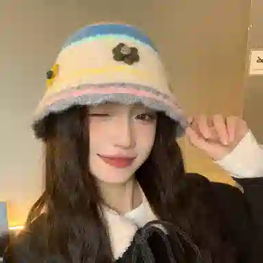 啄木鸟 花朵毛绒秋冬季保暖护耳甜美可爱编织手工针织毛线帽子女大头围显脸小清新百搭撞色渔夫帽 含羊毛 绒线帽 女款