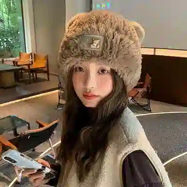 啄木鸟 可爱小熊帽秋冬保暖 立体耳朵贴布字母 毛茸茸显脸小 加厚防寒护耳百搭 聚酯纤维 绒线帽 女款