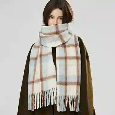 啄木鸟 日落甜心 绵羊毛清新小香风轻奢高级感显肤白奶盐蓝加厚保暖圈圈纱拼色格子百搭 绒线围巾 女款