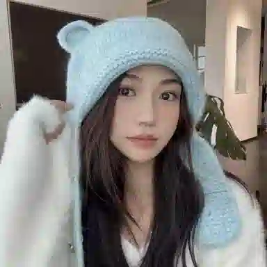 啄木鸟 甜美可爱小熊耳朵秋冬季大头围显脸小加厚保暖针织户骑车护耳帽 涤纶 绒线帽 女款
