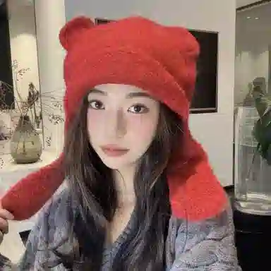 啄木鸟 甜美可爱小熊耳朵秋冬季大头围显脸小加厚保暖针织户骑车护耳帽 涤纶 绒线帽 女款
