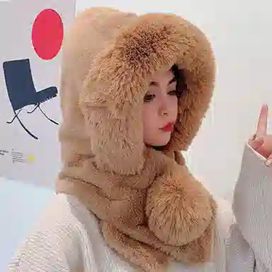 啄木鸟 秋冬保暖毛绒纯色帽子二合一加绒加厚护脸护颈东北防风防寒简约百搭 聚酯纤维 绒线帽 女款