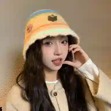 啄木鸟 花朵毛绒秋冬季保暖护耳甜美可爱编织手工针织毛线帽子女大头围显脸小清新百搭撞色渔夫帽 含羊毛 绒线帽 女款