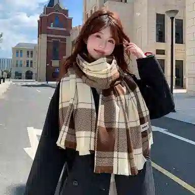 啄木鸟 高级感条纹格子保暖加厚秋冬季柔软清新文艺显白防寒护颈百搭两用 绒线围巾 男女同款情侣款