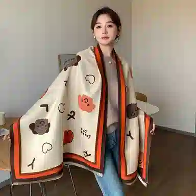啄木鸟 软萌可爱拼色卡通泰迪双面印花加宽加大秋冬季防寒保暖清新甜美百搭学生 绒线围巾 女款