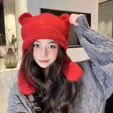 啄木鸟 甜美可爱小熊耳朵秋冬季大头围显脸小加厚保暖针织户骑车护耳帽 涤纶 绒线帽 女款