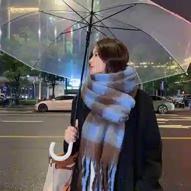 啄木鸟 高级感仿马海毛条纹撞色加绒加厚学生百搭秋冬季保暖格子长款流苏 绒线围巾 男女同款情侣款