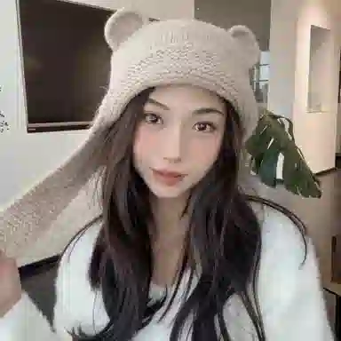 啄木鸟 甜美可爱小熊耳朵秋冬季大头围显脸小加厚保暖针织户骑车护耳帽 涤纶 绒线帽 女款