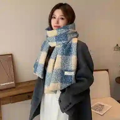 啄木鸟 撞色格子高级感保暖韩系复古加厚 绒线围巾 男女同款情侣款