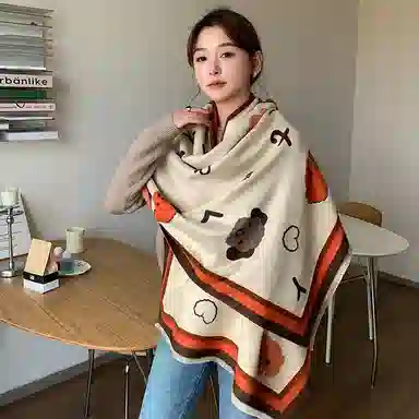 啄木鸟 软萌可爱拼色卡通泰迪双面印花加宽加大秋冬季防寒保暖清新甜美百搭学生 绒线围巾 女款