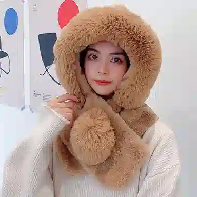 啄木鸟 秋冬保暖毛绒纯色帽子二合一加绒加厚护脸护颈东北防风防寒简约百搭 聚酯纤维 绒线帽 女款