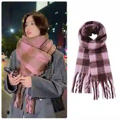 啄木鸟 高级感仿马海毛条纹撞色加绒加厚学生百搭秋冬季保暖格子长款流苏 绒线围巾 男女同款情侣款