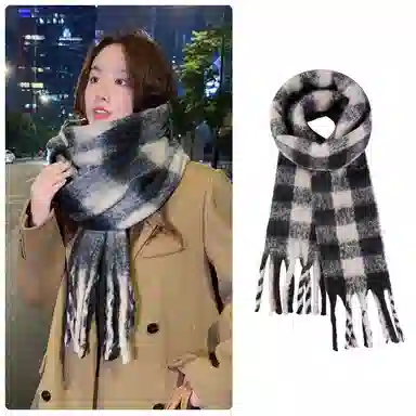 啄木鸟 高级感仿马海毛条纹撞色加绒加厚学生百搭秋冬季保暖格子长款流苏 绒线围巾 男女同款情侣款