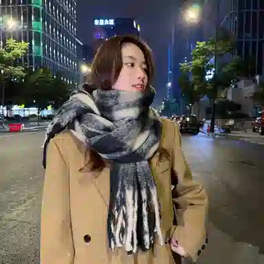 啄木鸟 高级感仿马海毛条纹撞色加绒加厚学生百搭秋冬季保暖格子长款流苏 绒线围巾 男女同款情侣款