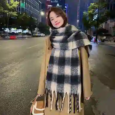 啄木鸟 高级感仿马海毛条纹撞色加绒加厚学生百搭秋冬季保暖格子长款流苏 绒线围巾 男女同款情侣款