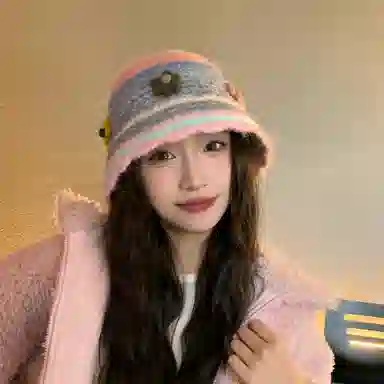 啄木鸟 花朵毛绒秋冬季保暖护耳甜美可爱编织手工针织毛线帽子女大头围显脸小清新百搭撞色渔夫帽 含羊毛 绒线帽 女款