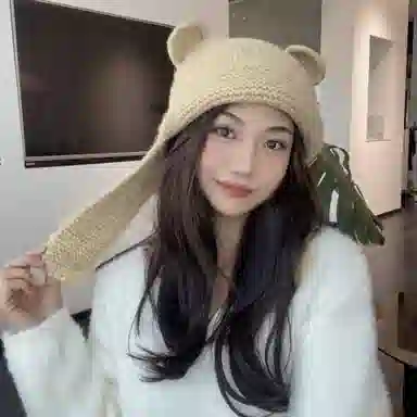 啄木鸟 甜美可爱小熊耳朵秋冬季大头围显脸小加厚保暖针织户骑车护耳帽 涤纶 绒线帽 女款