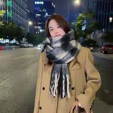 啄木鸟 高级感仿马海毛条纹撞色加绒加厚学生百搭秋冬季保暖格子长款流苏 绒线围巾 男女同款情侣款