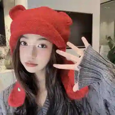 啄木鸟 甜美可爱小熊耳朵秋冬季大头围显脸小加厚保暖针织户骑车护耳帽 涤纶 绒线帽 女款