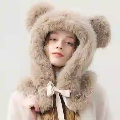 啄木鸟 萌趣可爱长耳兔小熊保暖甜美蝴蝶结 聚酯纤维 帽子 女款