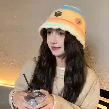 啄木鸟 花朵毛绒秋冬季保暖护耳甜美可爱编织手工针织毛线帽子女大头围显脸小清新百搭撞色渔夫帽 含羊毛 绒线帽 女款