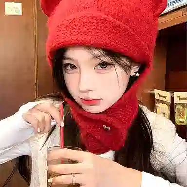 啄木鸟 甜美可爱小熊耳朵秋冬季大头围显脸小加厚保暖针织户骑车护耳帽 涤纶 绒线帽 女款