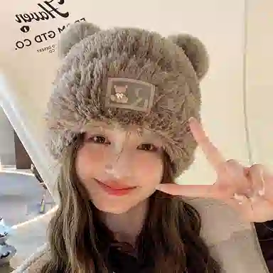 啄木鸟 可爱小熊帽秋冬保暖 立体耳朵贴布字母 毛茸茸显脸小 加厚防寒护耳百搭 聚酯纤维 绒线帽 女款