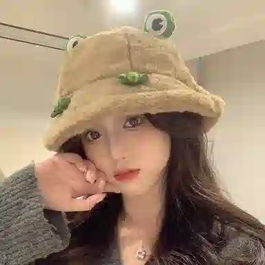 啄木鸟 可爱卡通网红青蛙帽子秋冬季加绒加厚保暖防寒甜美百搭显脸小盆帽 聚酯纤维 渔夫帽 男女同款情侣款