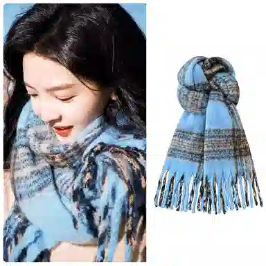 啄木鸟 韩系高级克莱因蓝毛绒秋冬季加厚加宽保暖防寒氛围感百搭新款流苏 绒线围巾 男女同款情侣款