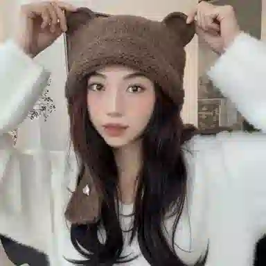 啄木鸟 甜美可爱小熊耳朵秋冬季大头围显脸小加厚保暖针织户骑车护耳帽 涤纶 绒线帽 女款