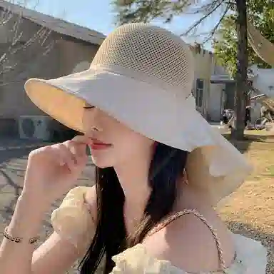 啄木鸟 优雅法式长披肩大帽檐遮阳帽子女夏季镂空透气全方位护脖颈美背沙滩太阳帽 聚酯纤维 防晒帽 女款