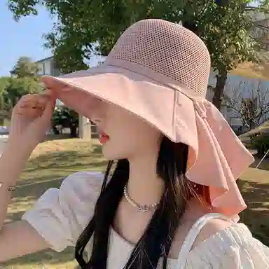 啄木鸟 优雅法式长披肩大帽檐遮阳帽子女夏季镂空透气全方位护脖颈美背沙滩太阳帽 聚酯纤维 防晒帽 女款