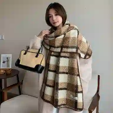 啄木鸟 撞色格子高级感保暖韩系复古加厚 绒线围巾 男女同款情侣款