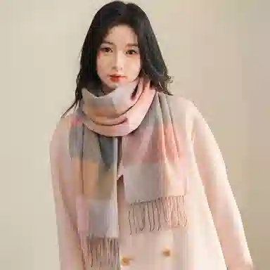 啄木鸟 新款秋冬季加厚保暖户外骑行防风寒格子流苏潮绵羊毛 绒线围巾 女款