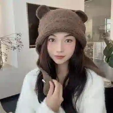 啄木鸟 甜美可爱小熊耳朵秋冬季大头围显脸小加厚保暖针织户骑车护耳帽 涤纶 绒线帽 女款