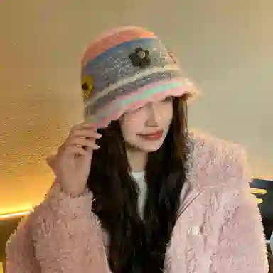 啄木鸟 花朵毛绒秋冬季保暖护耳甜美可爱编织手工针织毛线帽子女大头围显脸小清新百搭撞色渔夫帽 含羊毛 绒线帽 女款