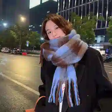 啄木鸟 高级感仿马海毛条纹撞色加绒加厚学生百搭秋冬季保暖格子长款流苏 绒线围巾 男女同款情侣款