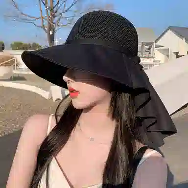 啄木鸟 优雅法式长披肩大帽檐遮阳帽子女夏季镂空透气全方位护脖颈美背沙滩太阳帽 聚酯纤维 防晒帽 女款