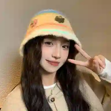 啄木鸟 花朵毛绒秋冬季保暖护耳甜美可爱编织手工针织毛线帽子女大头围显脸小清新百搭撞色渔夫帽 含羊毛 绒线帽 女款