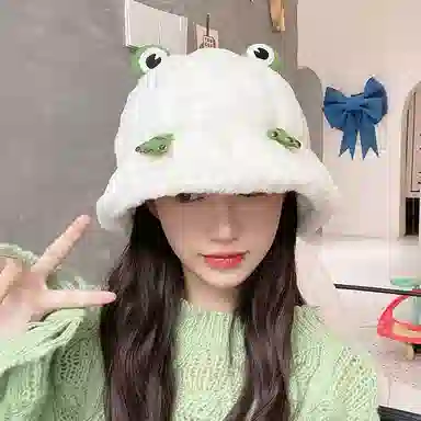 啄木鸟 可爱卡通网红青蛙帽子秋冬季加绒加厚保暖防寒甜美百搭显脸小盆帽 聚酯纤维 渔夫帽 男女同款情侣款