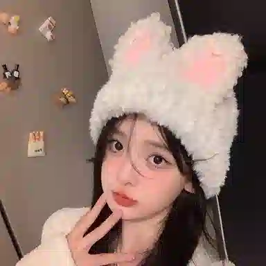 【小兔子模拟器】 啄木鸟 甜美可爱小白兔卡通氛围感保暖帽冬季加绒加色奶白色软萌萌大头围显脸小包头护耳毛绒绒 聚酯纤维 绒线帽 女款