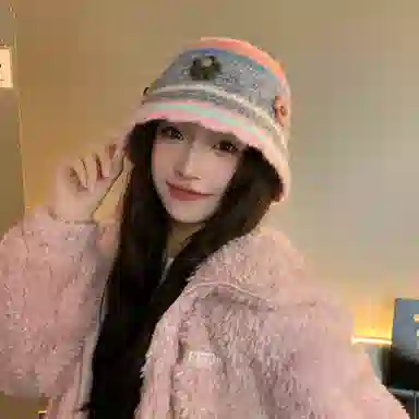 啄木鸟 花朵毛绒秋冬季保暖护耳甜美可爱编织手工针织毛线帽子女大头围显脸小清新百搭撞色渔夫帽 含羊毛 绒线帽 女款